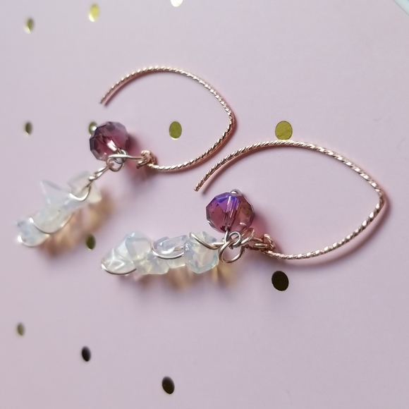 Handmade Earrings - Moonstone Chips & Dark Lilac Crystal Rondelle - EUC - Picture 4 of 7